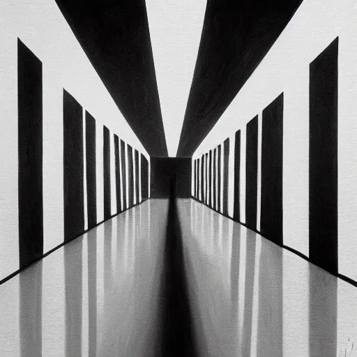 Prompt: a solemn simulacrum, standing inside an infinite corridor, trending on artstation, abstract black and white painting, masterpiece