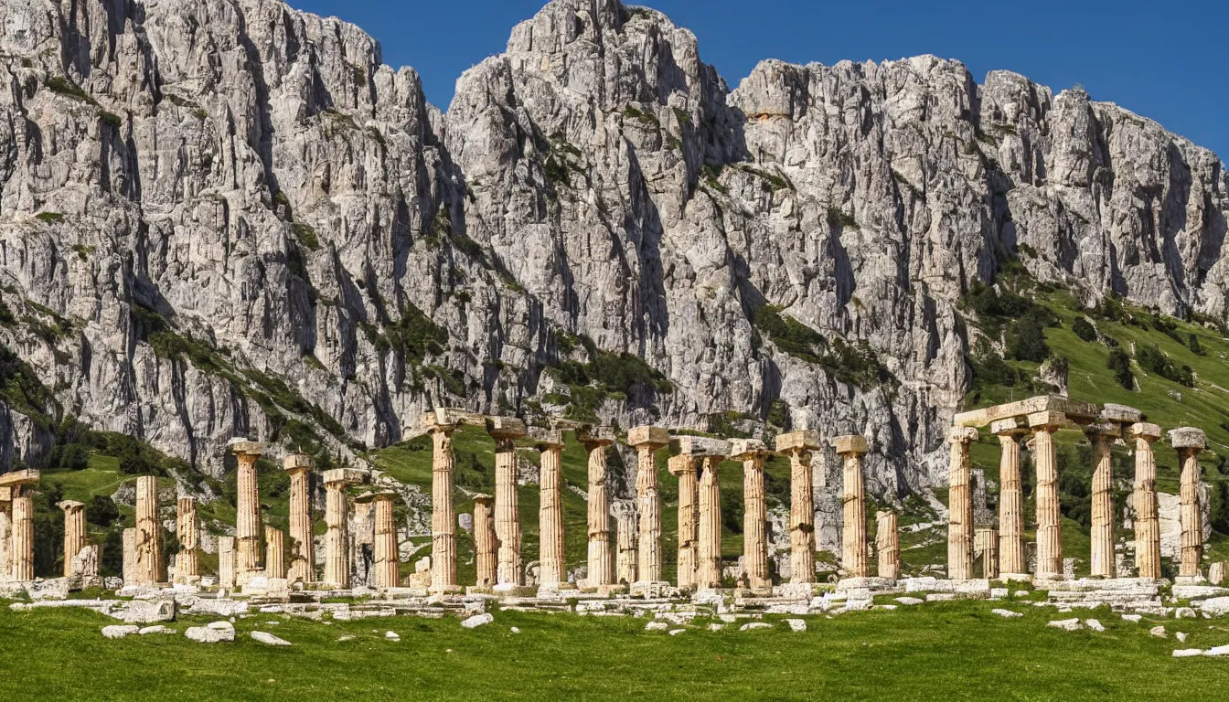 Prompt: ancient greek temple in the dolomites mountains