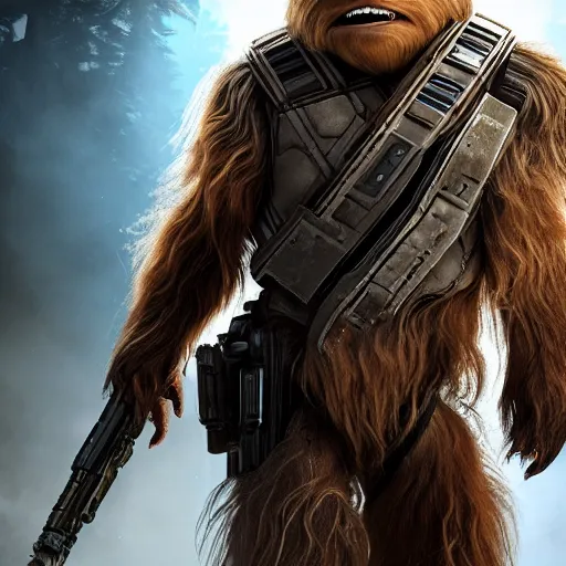 Image similar to chewbacca in gears of war, splash art, movie still, detailed face, photorealistic facial features, cinematic lighting, dramatic, octane render, long lens, shallow depth of field, bokeh, anamorphic lens flare, 8 k, hyper detailed, 3 5 mm film grain