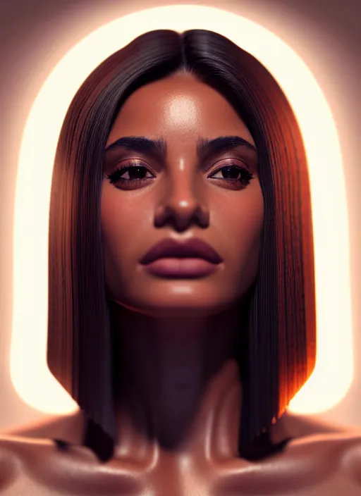 Prompt: beautiful female portrait, latina, brown skin, composite, attractive facial features, haze, intricate, symmetrical!!, makeup, maybelline, 3 5 mm, cinematic, filmic, vsco, concept art, artstation, digital painting, elegant, model, gorgeous, vray, flim, octane render, ambient occlusion, prism lights