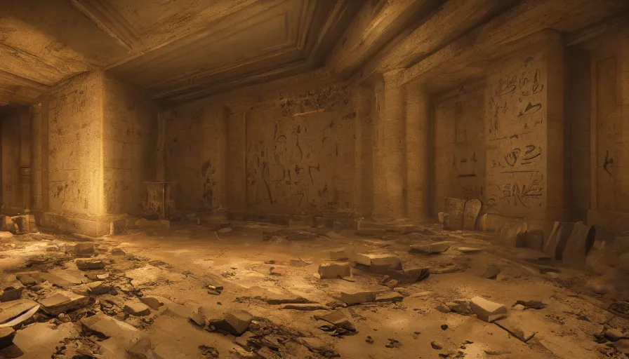 Image similar to Interior of the dusty abandoned dark Egyptian tomb, horror vibe, hyperdetailed, artstation, cgsociety, 8k