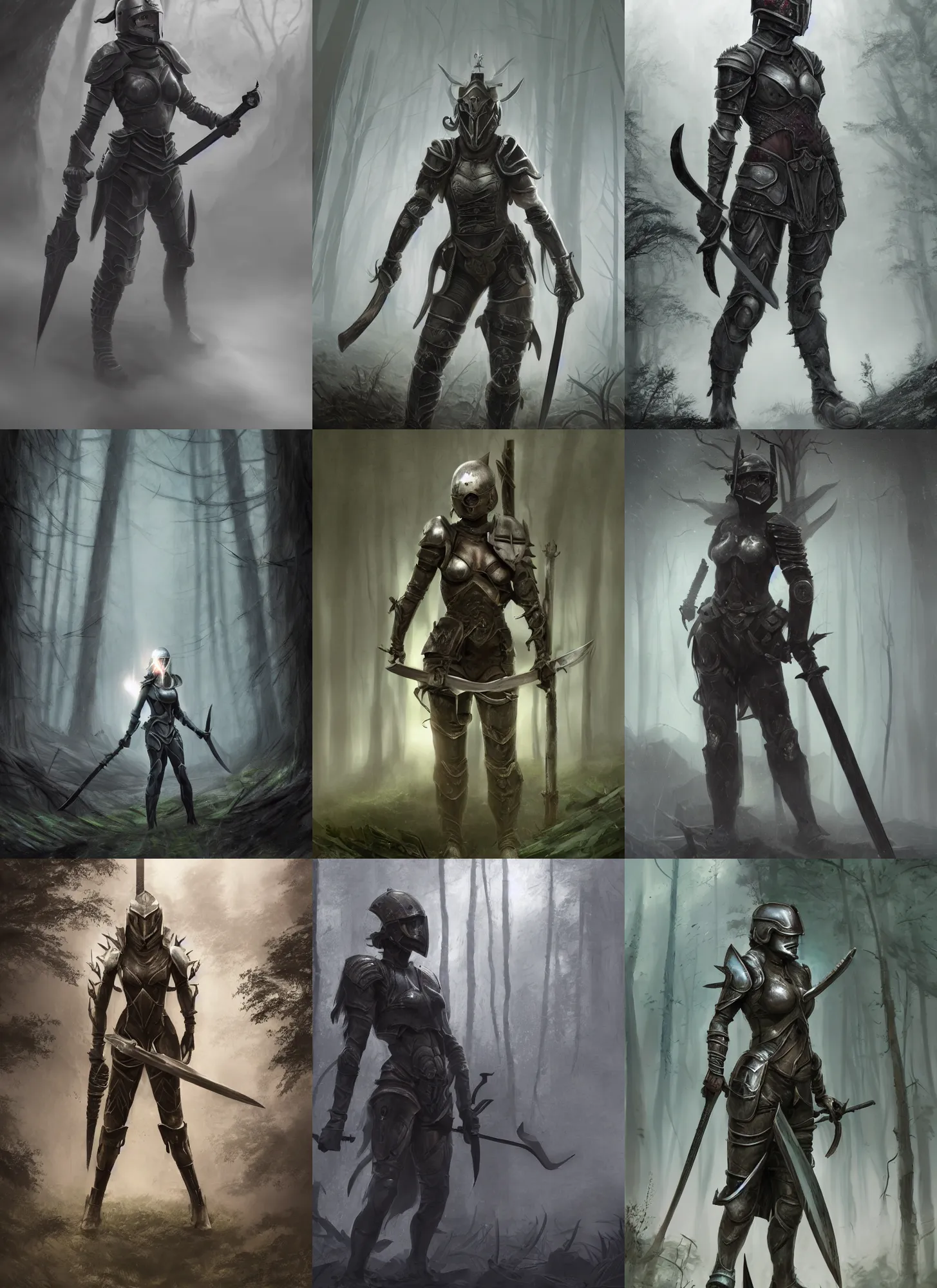Prompt: a matte painting, a helmeted female warrior, wearing battle worn mechanic armor, wielding twin swords, misty forest, the forest plains of north yorkshire, good value control, concept art, digital painting, sharp focus, knight!!!, symmetrical, single character full body, 4k, illustration, glowing eyes, rule of thirds, centered, moody colors, moody lighting