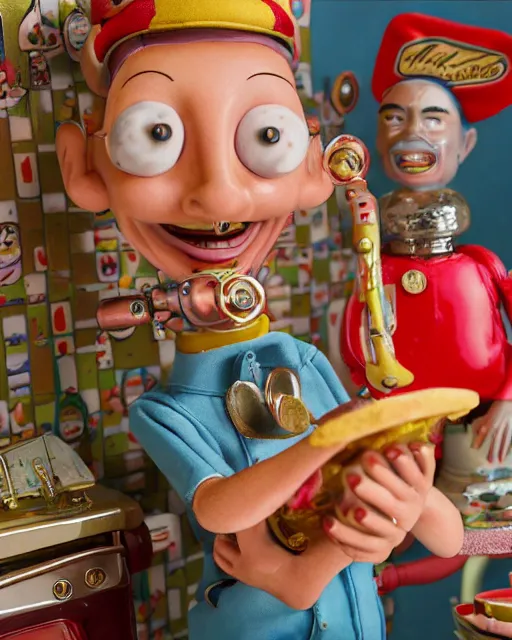 Prompt: highly detailed closeup, face profile portrait of a tin toy robert crumb in a retro 1 9 5 0 s kitchen eating cakes, depth of field, fashion photoshoot by nicoletta ceccoli, mark ryden, lostfish, dan decarlo, bob clampett, max fleischer, breathtaking, detailed and intricate environment, 8 k resolution, hyperrealistic, octane render