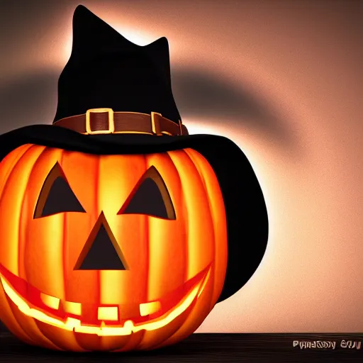 Image similar to a halloween pumpkin wearing a black hat, an ambient occlusion render by master of saint giles, polycount contest winner, sots art, rendered in maya, sketchfab, ambient occlusion