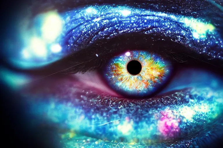 Prompt: a galaxy is inside of an eye, beautiful eye, eye, eye of a woman, realistic, ultra realistic, macro photo, beautiful, digital art, conceptual art, trending on artstation