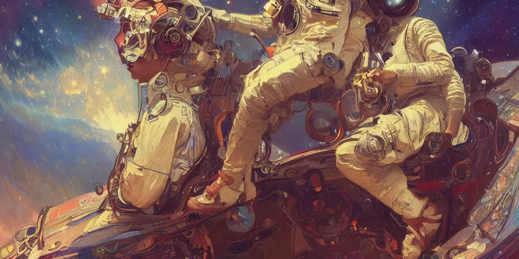 Prompt: a beautifull intricate painting of spaceman, reflexions, verry high details by william turner art, greg rutkowski and alphonse mucha, trending on artstation, very very detailed, masterpiece, vibrant colors