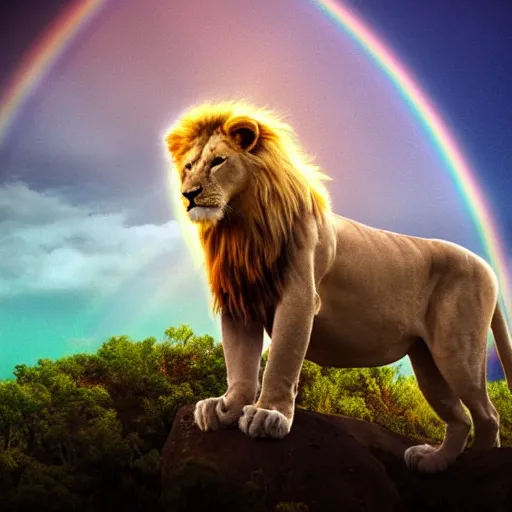 Prompt: coherent 8 k photorealistic close up shot of a albino lion overlooking a heavenly blissful landscape with a large luminous rainbow overarching the landscape behind the lion in the sun showery sky