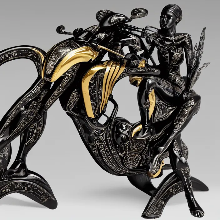 Prompt: fine art statue of masculine black egyptian god on a surrealist motorcycle, ebony art deco, carved black marble, inlaid with ebony and gold accents, ebony rococo, wings black lace wear, by spider zero, zaha hadid, beautifully lit, hyper detailed, intricate, elite, ornate, photorealistic, micro details, ray trace