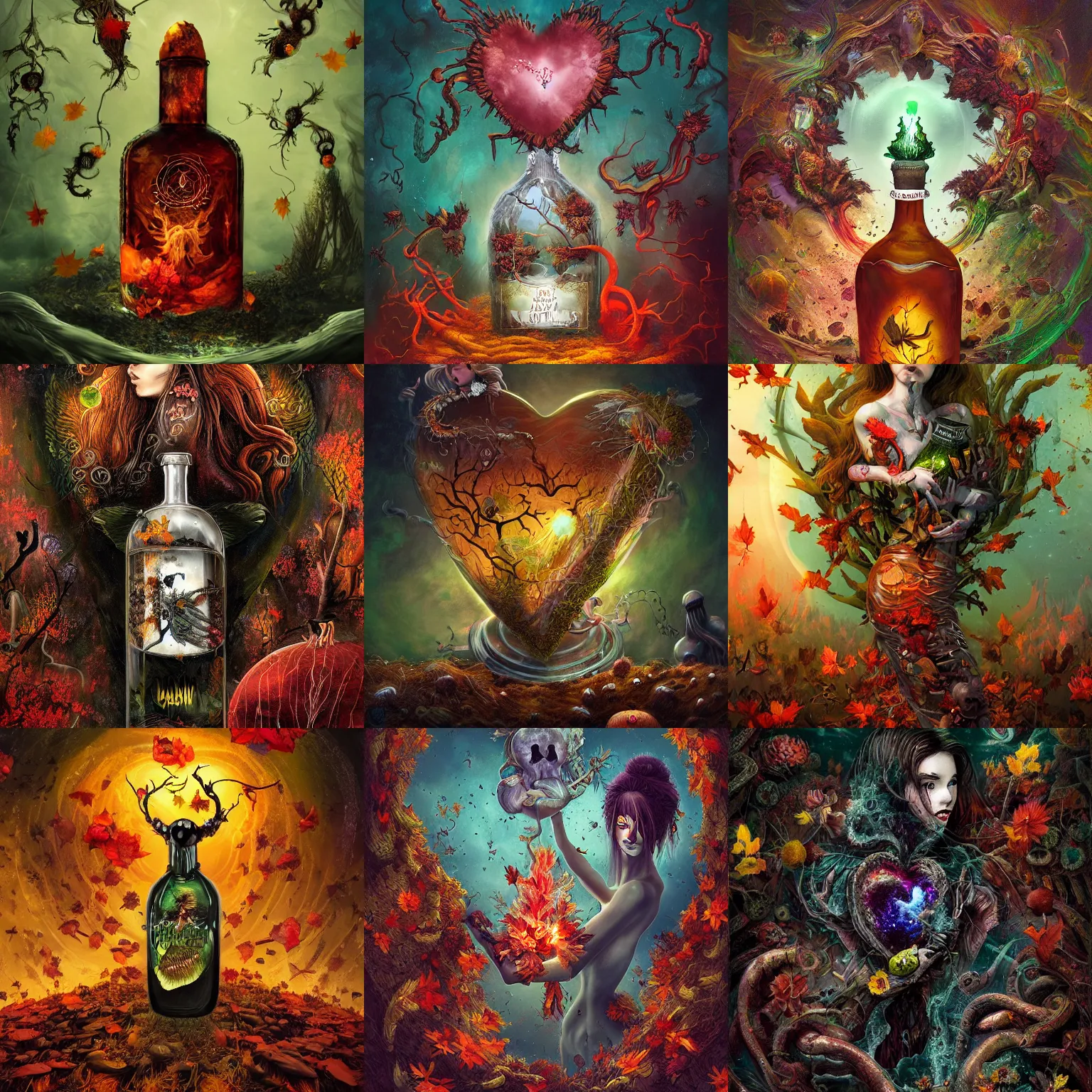 Prompt: Hell and heaven, captured in bottles, a heart full of envy, The Autumn Plague Gardener, Some cosmic angels, digital painting, its softness partakes of fluidity, illustration, deep dark, artstation, intricate, biodiversity in a world of change and constancy, ue5, by deiv calviz and bossmonsterbani