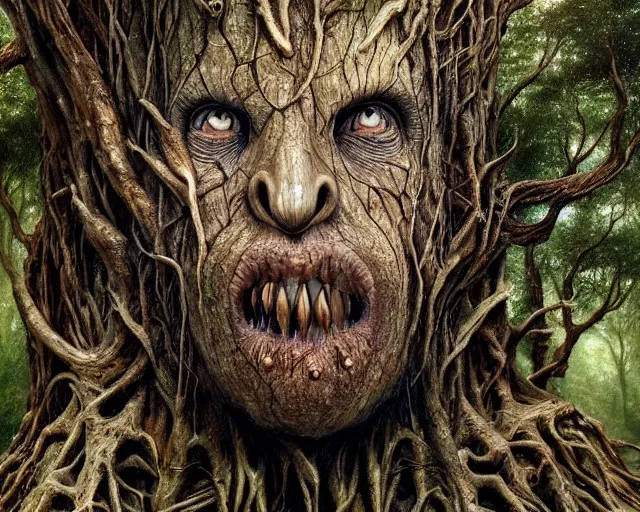 Image similar to a talking tree, a face in the bark, mouth in the bark, eyes in the bark, fantasy concept art, digital painting, oil painting, hyperrealistic, beautiful, treebeard, ent, magical, highly detailed, very detailed eyes, artstation, cgsociety, in the forest, by alan lee, by artgerm