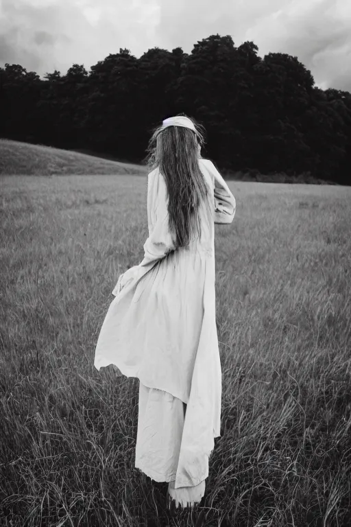 Prompt: kodak ultramax 4 0 0 photograph of a girl with long hair standing in a field, stormy clouds, wicked clouds, big clouds, back view, grain, faded effect, vintage aesthetic,