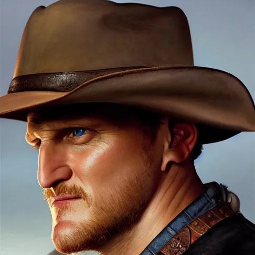 Image similar to portrait painting of smirk woody harrelson, with a cowboy hat and bloody golf club, ultra realistic, concept art, intricate details, eerie, highly detailed, photorealistic, octane render, 8 k, unreal engine. art by artgerm and greg rutkowski and alphonse mucha