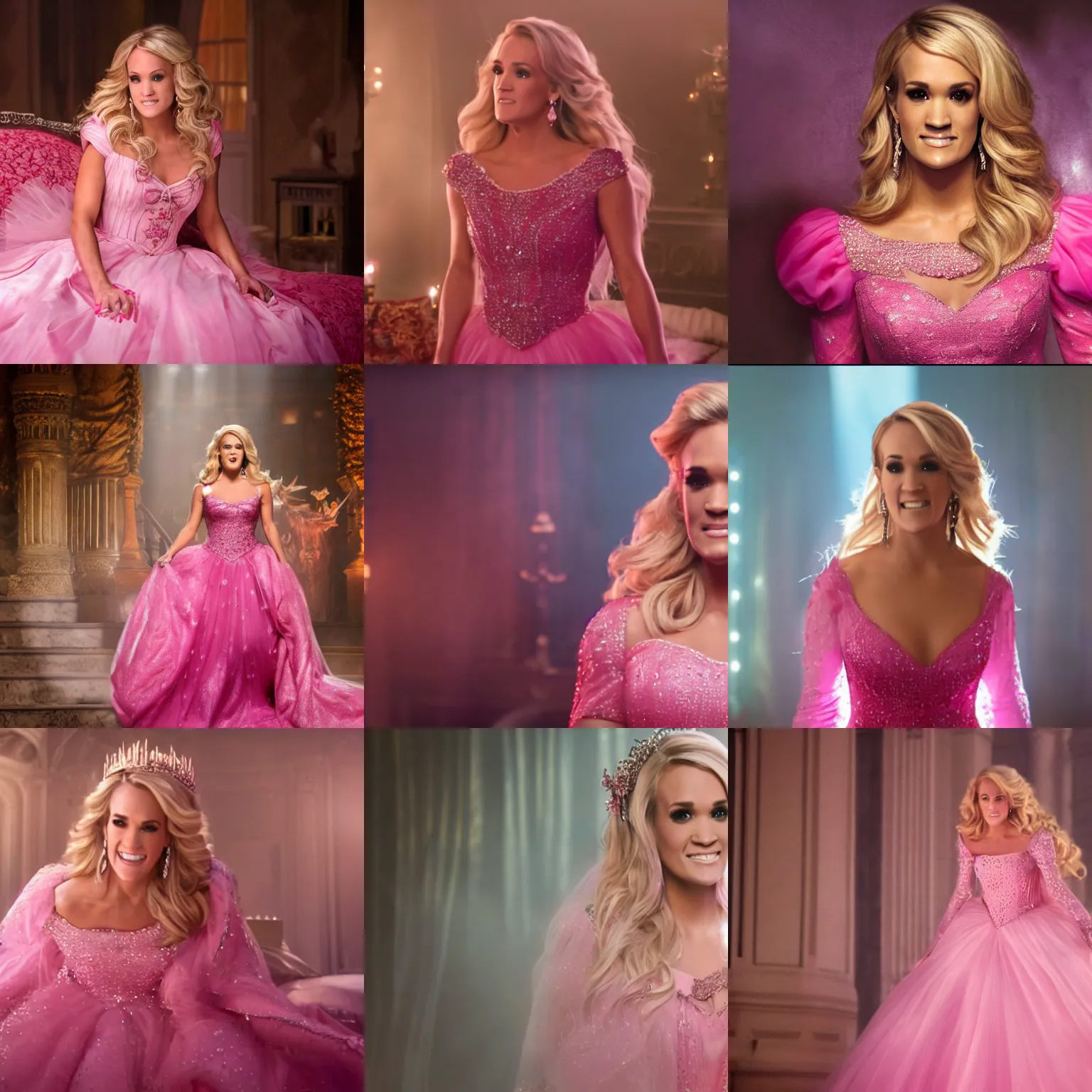 Prompt: a movie still of carrie underwood as sleeping beauty in a pink dress, dynamic lighting, 4 k hdr, hyper realistic, beautiful, pretty face, smiling