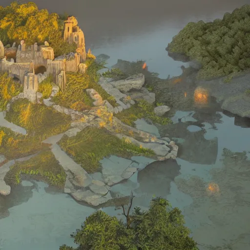 Prompt: overhead RPG battlemap of a stone fort sitting above a swamp in the sunset, dramatic lighting by alan lee by peter mohrbacher, trending on artstation sharp focus vfx key shot