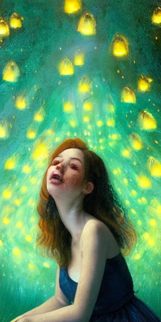 Image similar to an amazed young woman surrounded by golden firefly lights in a mesmerizing scene, sitting amidst nature fully covered, long loose red hair, precise linework, accurate green eyes, small nose with freckles, smooth oval shape face, empathic, bright smile, expressive emotions, hyper realistic portrait by artemisia gentileschi, jessica rossier, boris vallejo