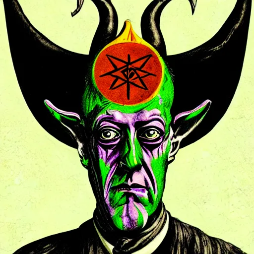 Image similar to graphic illustration, creative design, aleister crowley as baphomet, biopunk, francis bacon, highly detailed, hunter s thompson, concept art