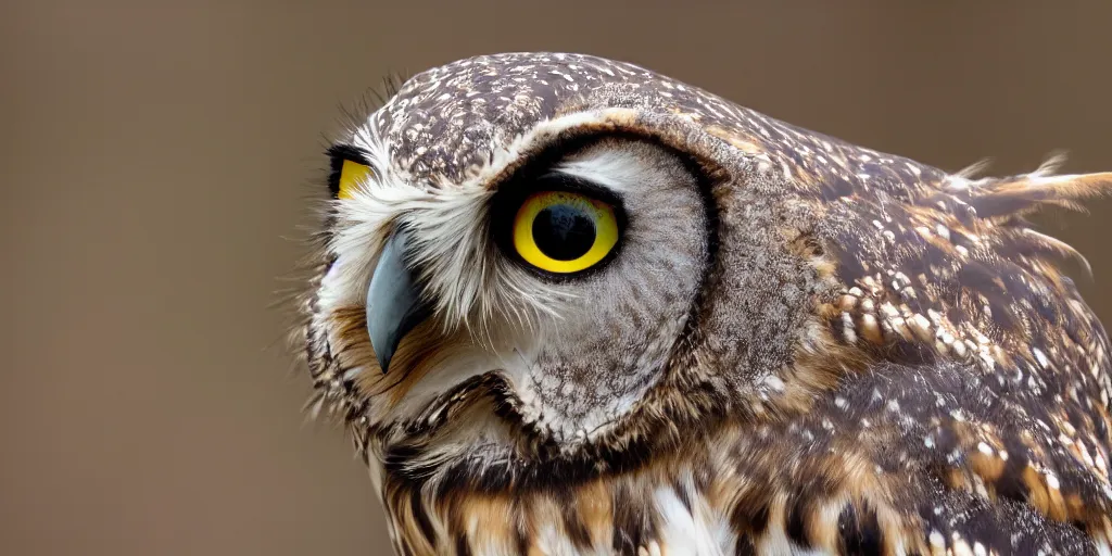 Image similar to scenic photo of an owl catching ancarrot focus on the owl's beak and eye. intricate eye. extremely large spread wings. extreme detail, hyperrealistic photo