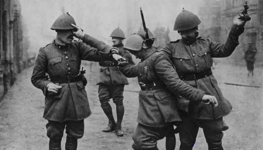 Image similar to french soldier dabbing during ww 1 ( 1 9 1 6 ), historical photograph, highly detailed, dabbing