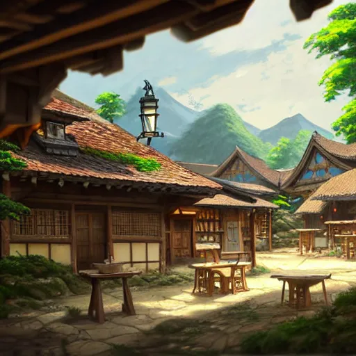 Image similar to concept art painting of a tavern with european and japanese architecture, in a small medieval village surrounded by trees, in a mountain valley, realistic, detailed, cel shaded, in the style of makoto shinkai and greg rutkowski and james gurney