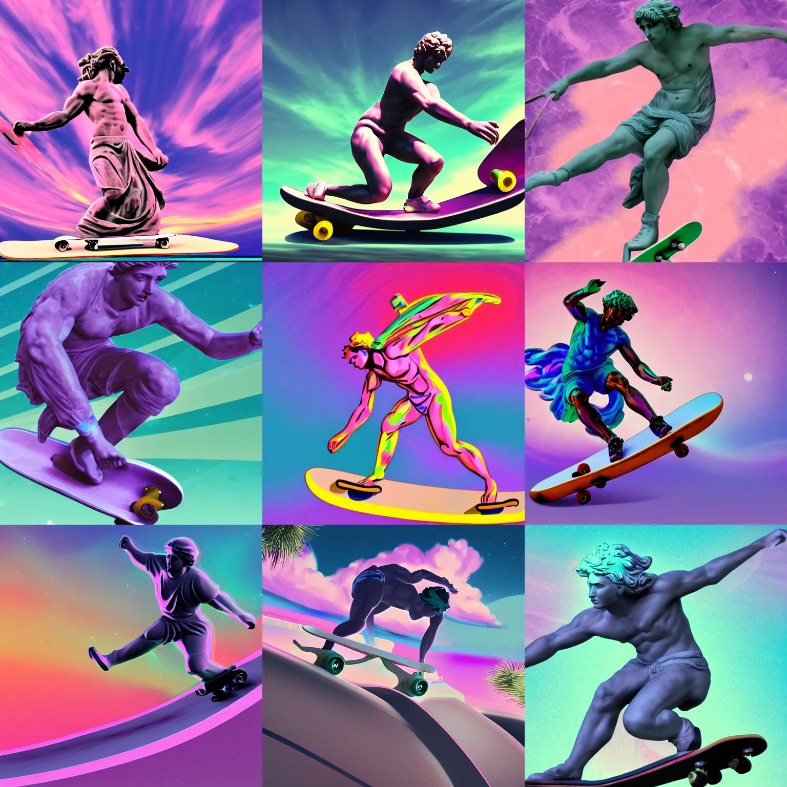 Prompt: vibrant action shot of a greek marble statue riding a skateboard with vaporwave background, furaffinity