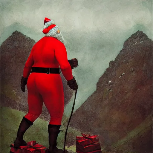 Image similar to Portrait Portrait of Santa Claus the Rotund Elf emerging from his signature red outfit whilst standing atop volcano greg rutkowski dan witz paul klee andrew wyeth tom bagshaw stanton feng bastien lecouffe-deharme tombow oil painting