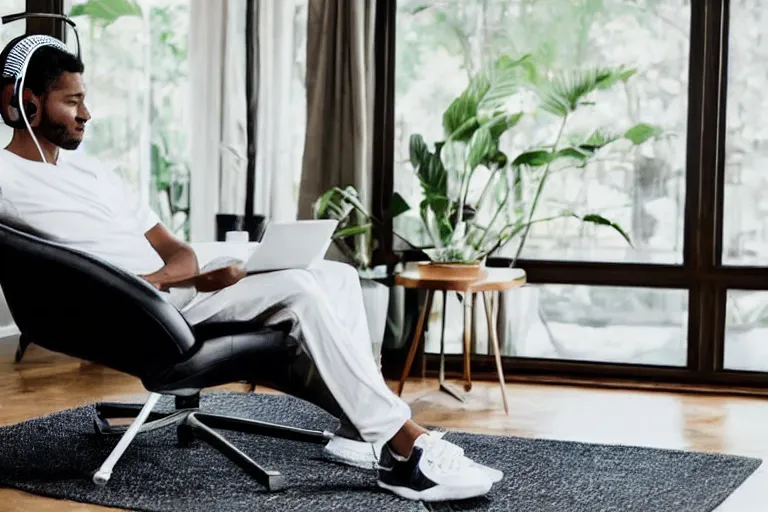 Prompt: a man wearing a white t - shirt and black sweat pants and wearing headphones is sitting in a brown leather chair in a living room