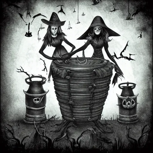 Image similar to witches around a cauldron, spooky, dark, halloween, highly detailed, high resolution