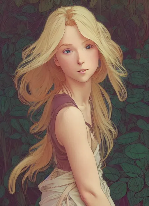 Image similar to pretty young man with shoulder length blond hair, half body shot, path traced, highly detailed, high quality, digital painting, by studio ghibli and alphonse mucha, hidari, disney, android jones, andreas rocha, conrad roset