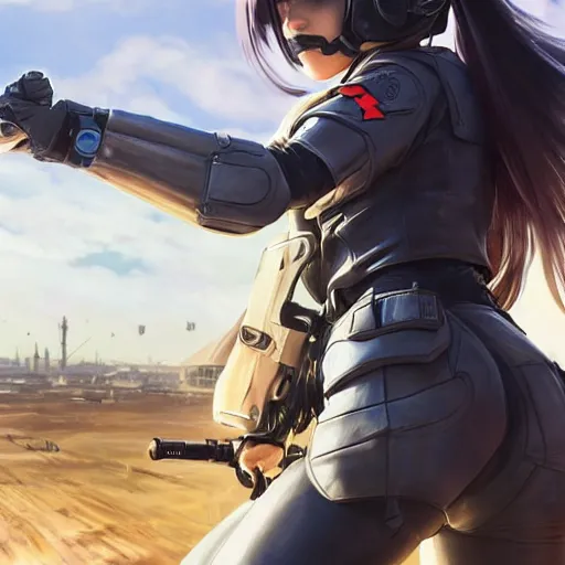 Image similar to panoramic view, a girl riding a motorbike, futuristic, soldier clothing, battlefield in background, anime style, hair down, symmetrical facial features, realistic hands, from arknights, hyper realistic, 4 k, extreme detail, trending artstation, safebooru, realistic lighting, by alphonse mucha, greg rutkowski, sharp focus