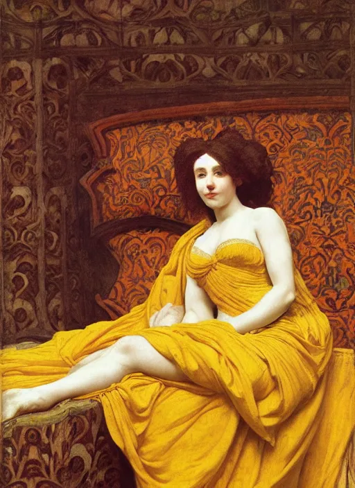 Image similar to masterpiece hybrid portrait of hybrid of sarah siddons and lisa minelli, reclining on bed, flowing cloth floating in the wind, wearing yellow ochre ornate medieval dress, vertical, foreshortening, colour photography by frederic leighton, william morris, 8 k