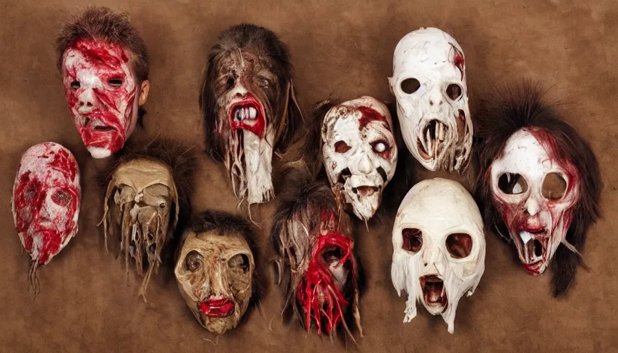 Prompt: tribes members with taxidermic flesh bloody mask, technicolor, heavy grain, high quality,