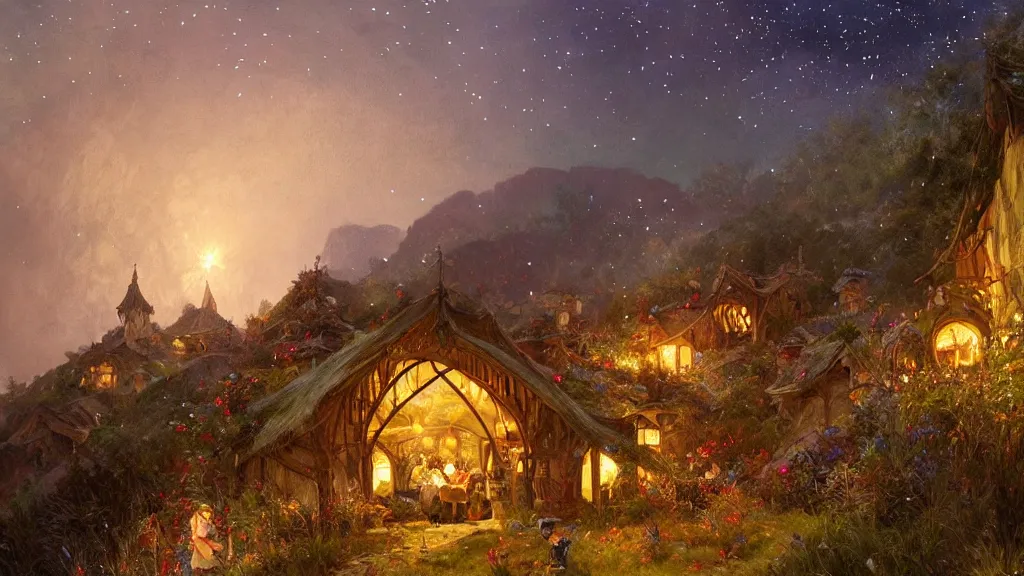 Prompt: a beautiful painting of hills in the shire with round hobbit doors and windows during a fireworks festival, at night with a sky full of stars and fireworks, intricate, elegant, highly detailed, digital painting, artstation, concept art, by krenz cushart and artem demura and alphonse mucha
