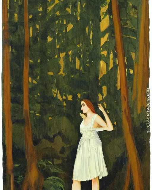 Image similar to a young woman wearing a white dress encounters the great god pan in a forest clearing, 1 9 7 0 s, seventies, wallpaper, delicate embellishments, painterly, offset printing technique, by brom, robert henri, walter popp