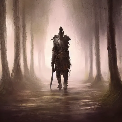 Image similar to concept art of a ragged looking knight walking through a swamp, foggy, weeping trees, torch in hand, high detail, trending on artstation, masterpiece, fantasy, high resolution, focus