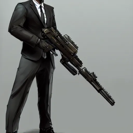 Image similar to portrait of an agent in a suit armed with a kriss vector, D&D, fantasy, elegant, hopeful, muscular, highly detailed, digital painting, artstation, concept art, smooth, sharp focus, illustration