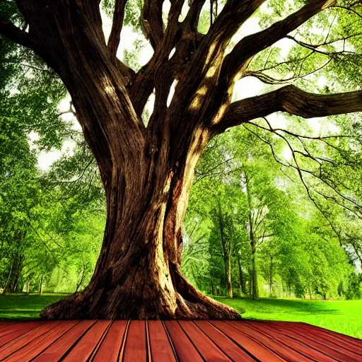 Prompt: wooden platform built around a tree, realistic, photo,