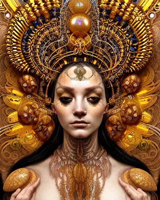 Prompt: hyperrealistic detailed portrait of a beautiful goddess in an intricate golden ornamental ritual headdress, intricate cyberpunk make - up, golden face tattoos, insane details, art by ernst haeckel, nekro borja, android jones, alphonso mucha, john william godward, gothic - cyberpunk, beautiful deep colours,