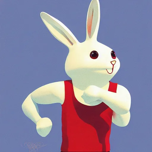 Image similar to goro fujita ilustration of a smiling happy rabbit in running clothes in an olympic stadium, painting by goro fujita, sharp focus, highly detailed, artstation