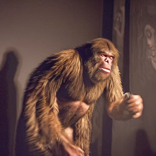 Image similar to Photo portrait Joe Rogan as a wax neanderthal cave man exaggerated brow wrapped in fur cloak screaming like a ape in the natural history in front of a crowd of school children on tour in the museum dramatic lighting 85mm lens by Steve McCurry