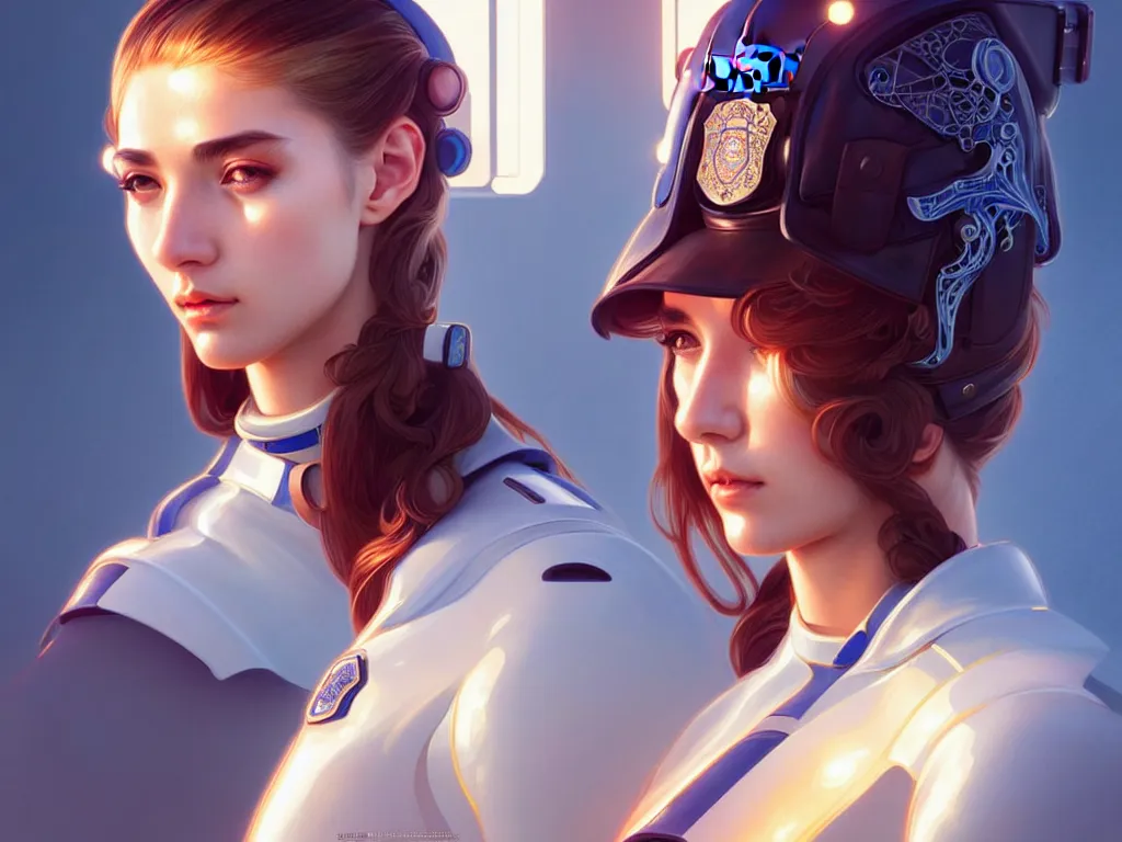 Prompt: portrait futuristic portugal police uniform girl, at future neon light rooftop, ssci - fi and fantasy, intricate and very very beautiful and elegant, highly detailed, digital painting, artstation, concept art, smooth and sharp focus, illustration, art by tan zi and ayanamikodon and alphonse mucha and wlop