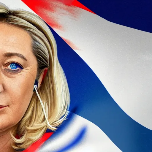 Image similar to Portrait of Marine Le Pen, french flag, amazing splashscreen artwork, splash art, head slightly tilted, natural light, elegant, intricate, fantasy, atmospheric lighting, cinematic, matte painting