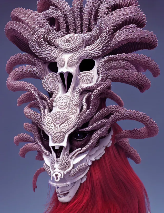 Image similar to 3 d goddess close - up profile portrait ram skull. beautiful intricately detailed japanese crow kitsune mask and clasical japanese kimono. betta fish, jellyfish phoenix, bio luminescent, plasma, ice, water, wind, creature, artwork by tooth wu and wlop and beeple and greg rutkowski