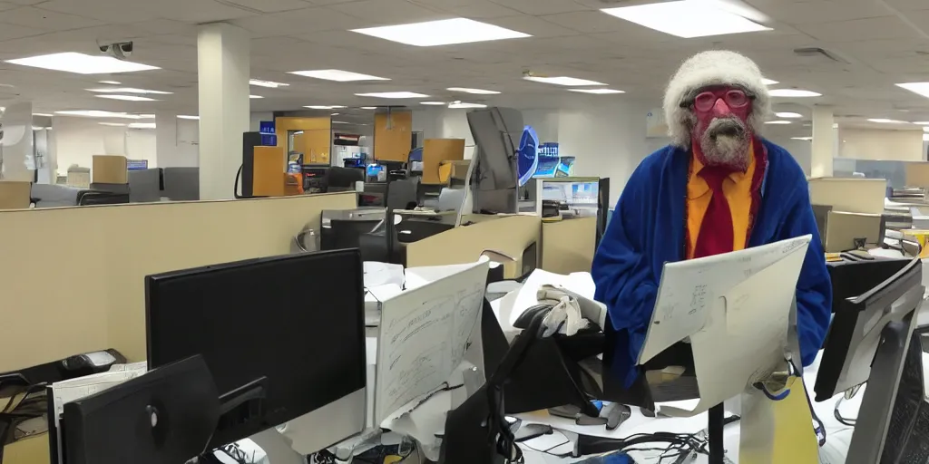 Prompt: womble great uncle bulgaria working in a callcenter