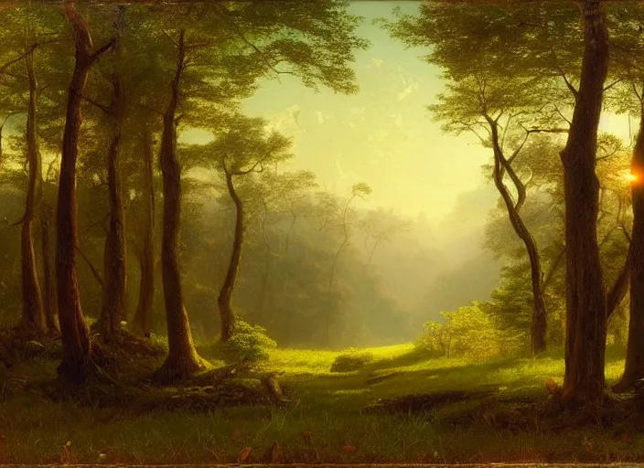 Prompt: A painting of a forest with trees and grass, a detailed matte painting by Patrick Nasmyth, deviantart, hudson river school, enchanting, matte painting, flickering light