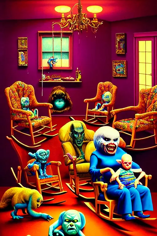 Prompt: a hyperrealistic painting of an ornate room full of evil possessed toys watching a grandma in a rocking chair, cinematic horror by chris cunningham, lisa frank, richard corben, highly detailed, vivid color,