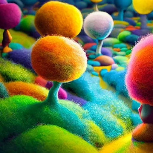 Image similar to a black girl with a colorful afro in a candy forest at night, bokeh, bright colours, watercolor, volumetric wool felting, macro photography, children illustration, by goro fujita