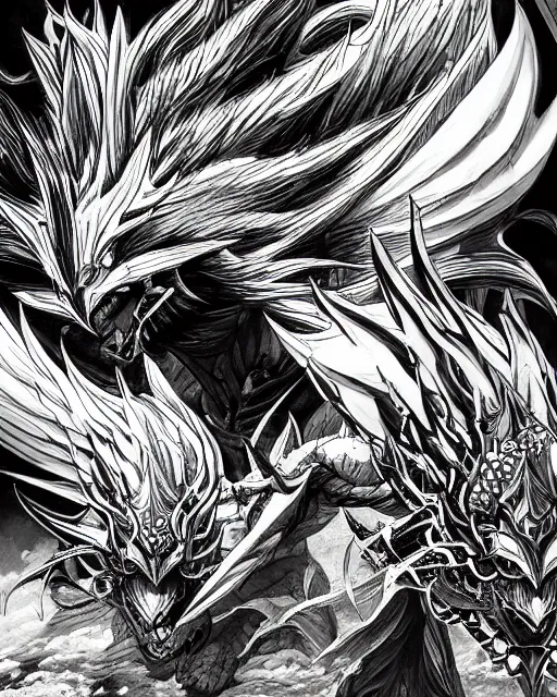 Prompt: A phoenix, black and white, epic, highly detailed, close-up, fantasy art, dragon art, in the style of masami kurumada, illustration, epic, fantasy, intricate, hyper detailed, artstation, concept art, smooth, sharp focus, ray tracing