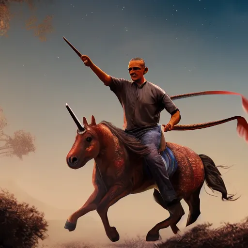 Prompt: obama riding on a unicorn, au naturel, hyper detailed, digital art, trending in artstation, cinematic lighting, studio quality, smooth render, unreal engine, octane rendered, art style,