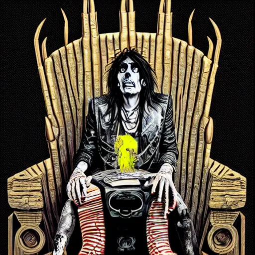 Image similar to graphic illustration, creative design, alice cooper sitting on a throne, biopunk, francis bacon, highly detailed, hunter s thompson, concept art