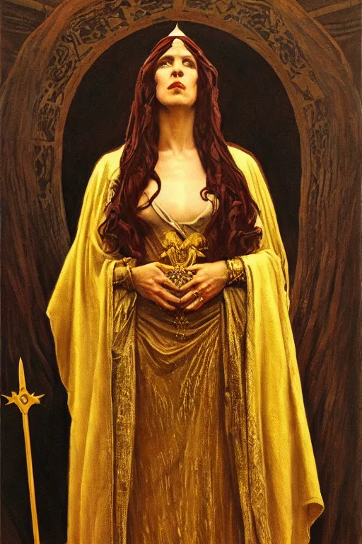 Image similar to Portrait of historically accurate, ancient biblical, sultry, sneering, evil, pagan, wicked, queen jezebel, wearing gilded robes, long hair, intricate, elegant, highly detailed, masterpiece, illustration, art by NC Wyeth, highly detailed, trending on artstation, award winning